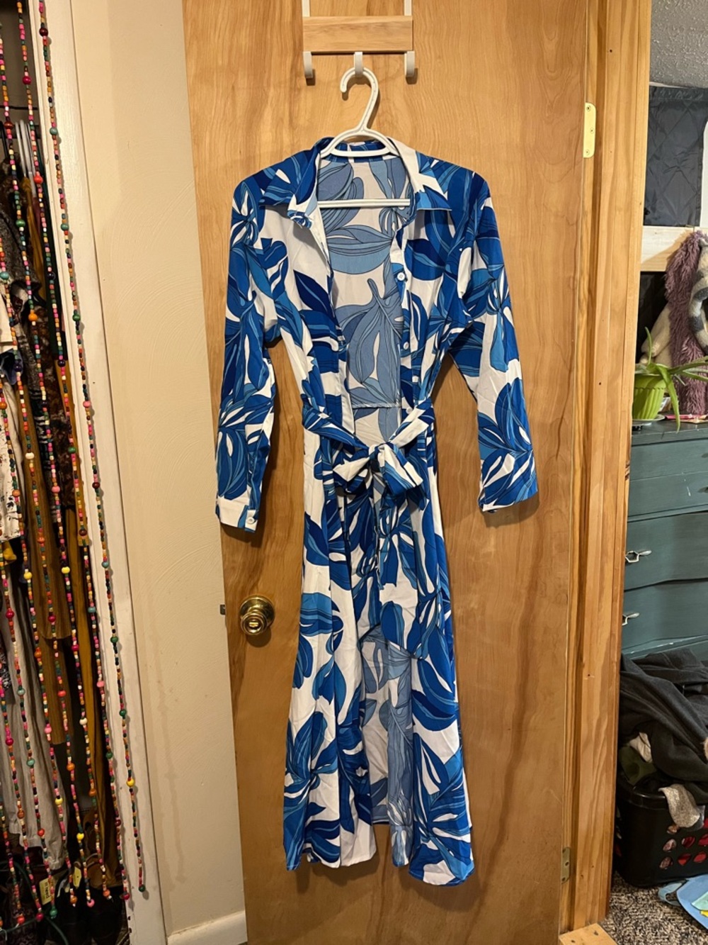 Blue and White Floral Long Sleeve Wrap Dress with Tie Waist